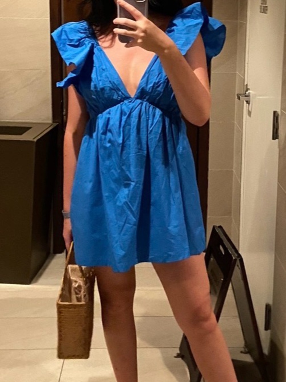 Showpo Bright Blue V-Neck Flutter Sleeve Mini Dress